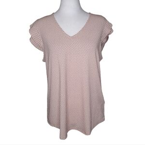 Adrianna Papell V-neck Polka Dot Blouse, Champaign and Black, Ruffle Cap Sleeves